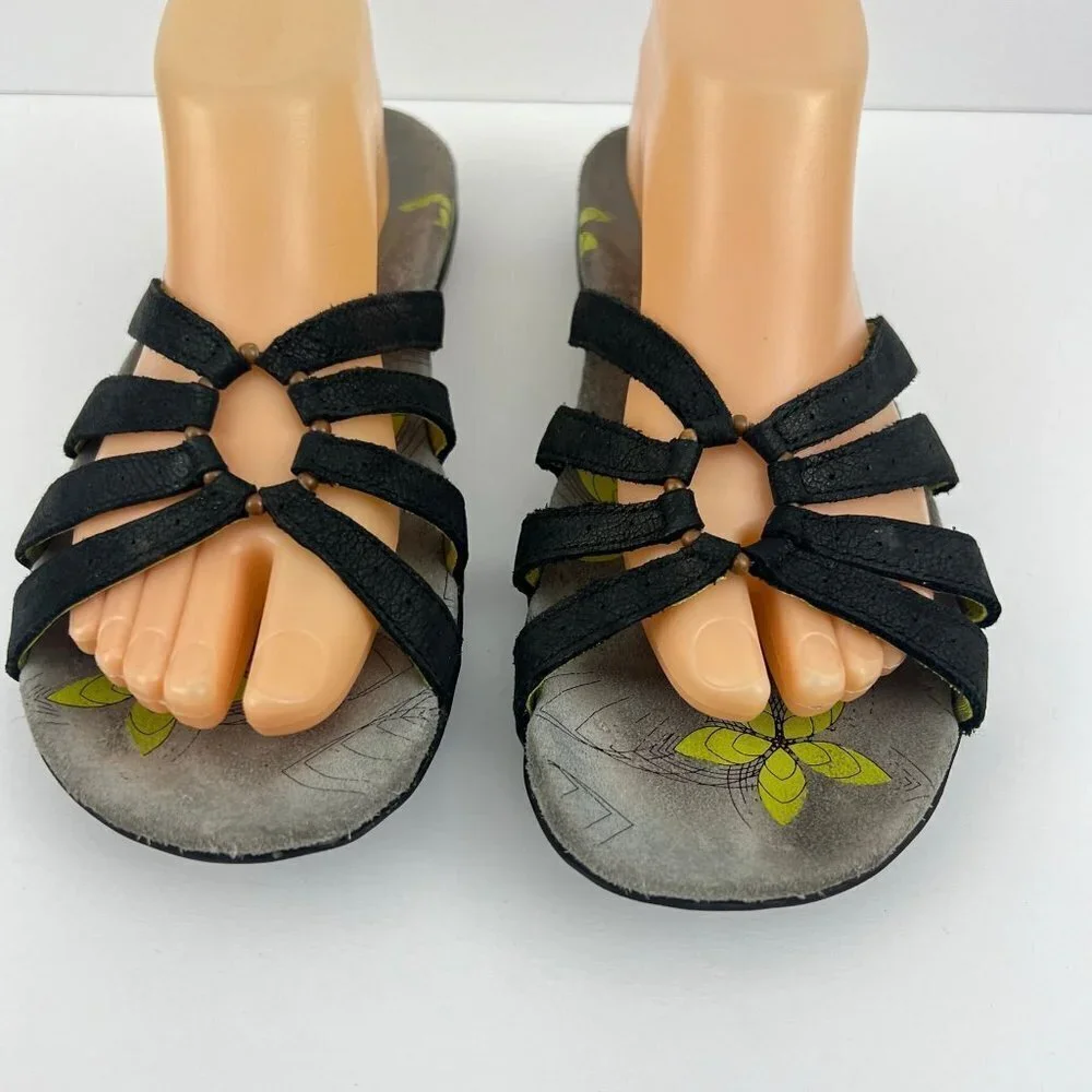 Abeo Sandals Womens 8 N‎ Farren Strappy Slides Black Leather Open Toe Floral